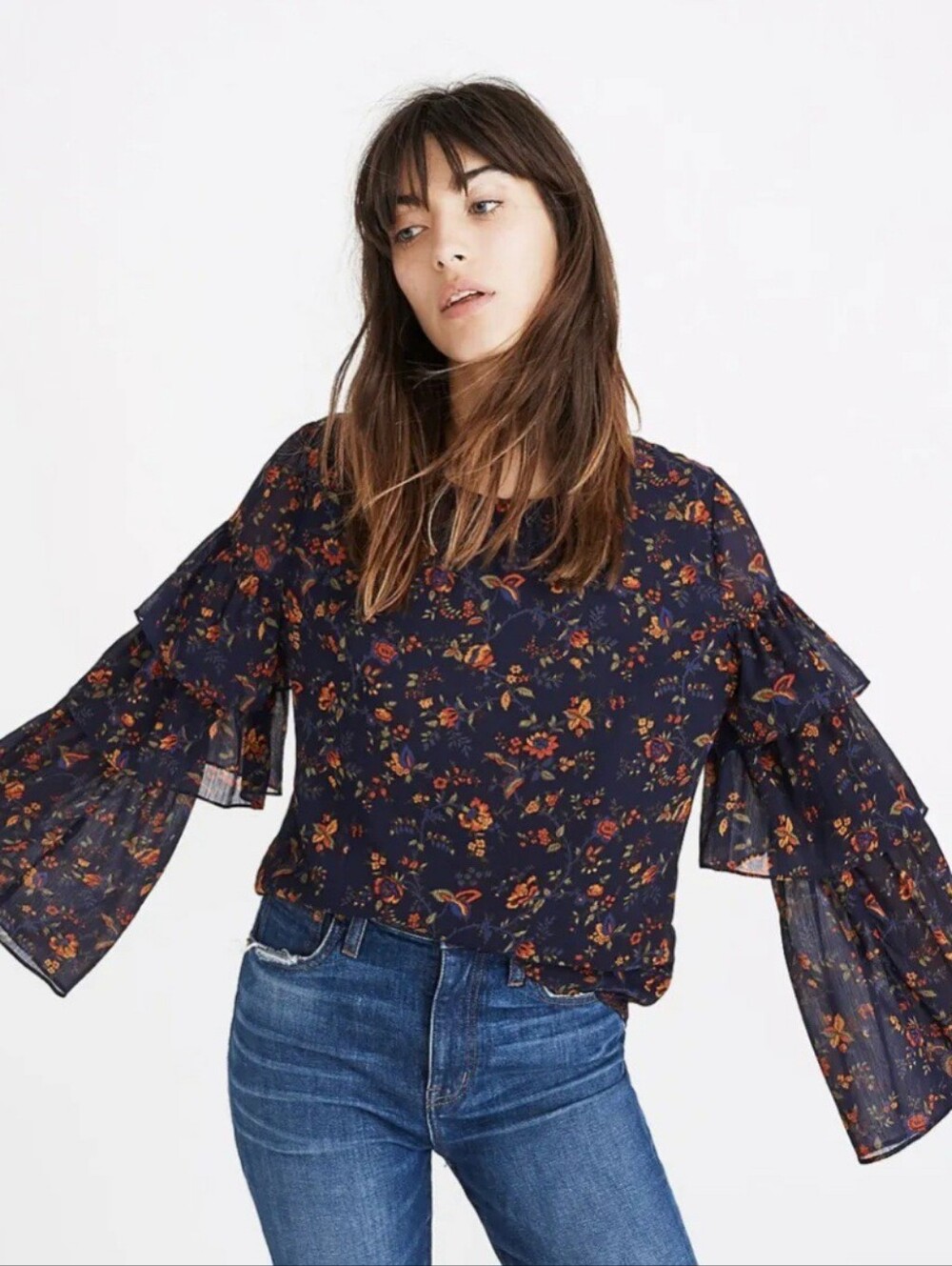 Madewell Navy Floral Blouse with Orange Floral Print